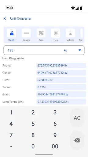 Unit Converter tool converting 125 kilograms to pounds, ounces, carats, and other weight measurements