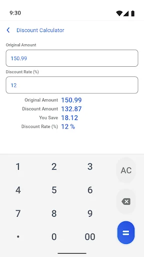 Discount Calculator showing original amount, discount rate percentage, and savings calculation results