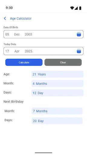 Age Calculator computing exact age in years, months, days from birth date with next birthday countdown