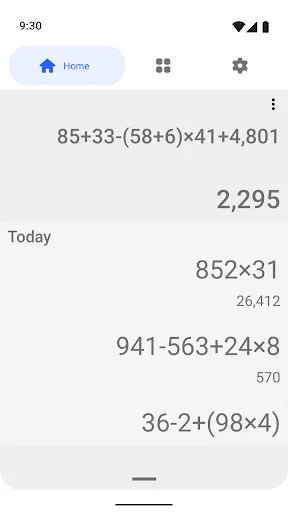 Calculator App history screen displaying today's saved calculations and mathematical expressions