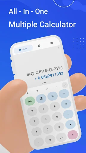 All-in-One Multiple Calculator App promotional screen showing calculator interface on mobile device