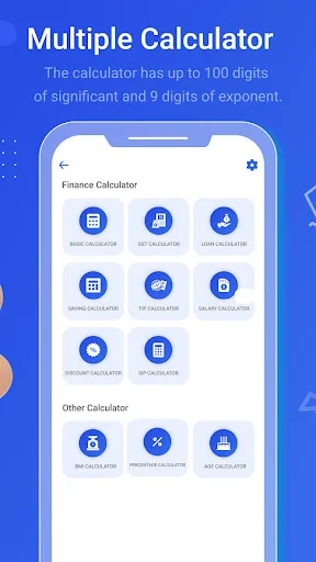 Multiple Calculator features menu displaying finance, BMI, percentage, and other specialized calculators