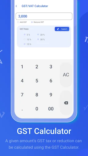 GST Calculator tool for computing GST/VAT tax with custom rate options and amount input interface