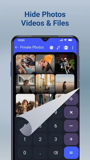 Private Photos gallery view showing grid of hidden photos and videos with calculator lock protection