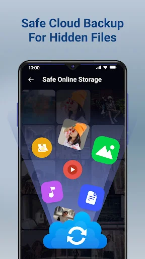 Safe Online Storage screen with cloud backup icons for encrypting and backing up hidden media files
