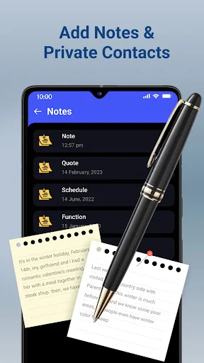 Private Notes section listing secure notes and contacts with pen icon, timestamps and organization