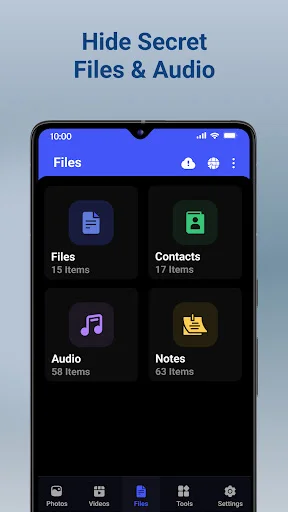 Files management hub with categories for hidden files, contacts, audio and notes storage organization