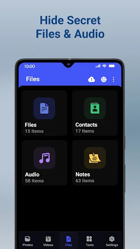 File manager organizing hidden files, contacts, audio and notes in secure password-protected vault