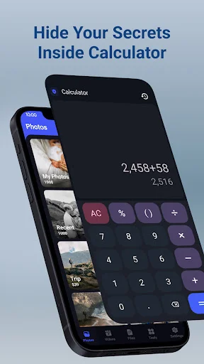 Calculator Lock app disguises hidden photos as calculator with math display and photo thumbnail previews