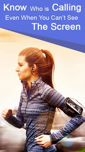 Caller Name Announcer app - Woman jogging with earbuds hearing caller name without looking at phone screen