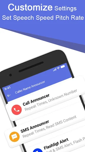 Caller Name Announcer settings screen showing customizable options for call, SMS, and flashlight alert features