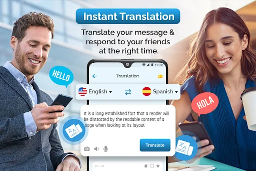 Instant Translation feature translating messages between English and Spanish using quick text translation interface
