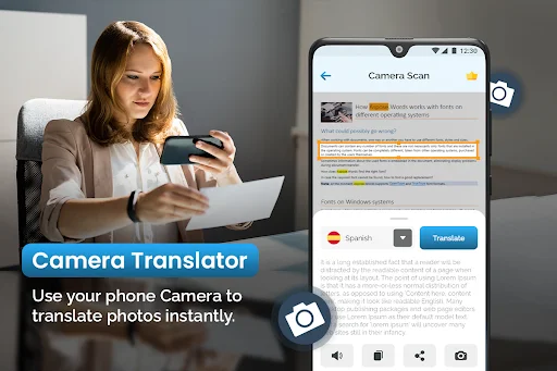 Camera Translator scanning photo documents with highlighted text and translating content to Spanish language instantly