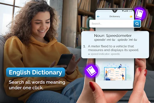 English Dictionary interface searching words and displaying definitions, meanings, and visual content illustrations