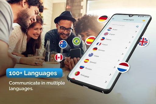 Language Selection menu displaying 100+ languages with country flags for choosing preferred communication language