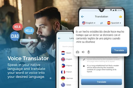 Voice Translator converting spoken words and voice input across multiple language options with real-time translation