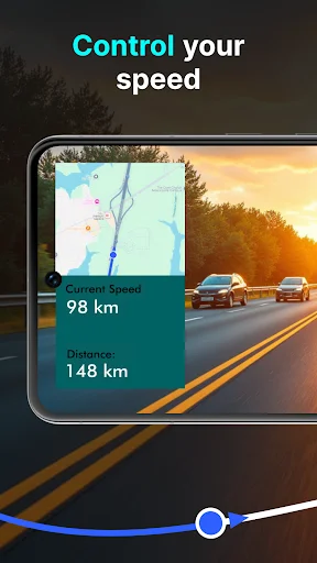 GPS speedometer app showing real-time speed tracking at 98 km and distance of 148 km on highway with map view