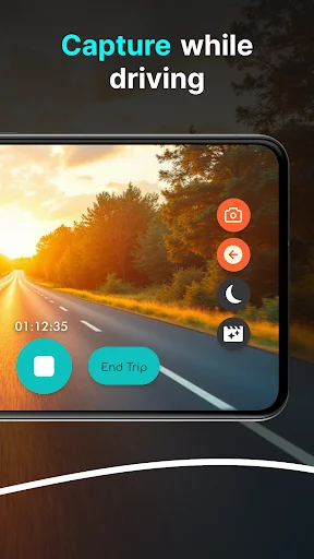Dash cam recording interface with capture controls and timer displaying 01:12:35 while driving on sunset highway