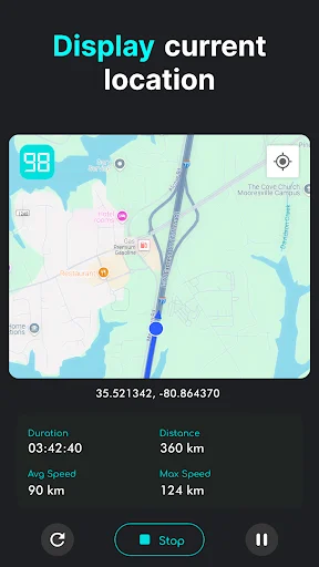 GPS location tracking screen showing coordinates, trip duration 03:42:40, distance 360 km, and speed statistics