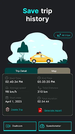Trip history feature displaying saved journey details with start/end times, speeds, distance, and report options