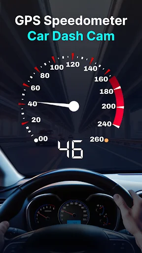 Analog speedometer gauge showing 46 speed in GPS Speedometer Car Dash Cam app with car dashboard background