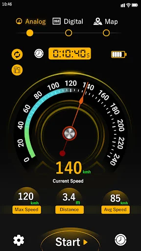 Digital speedometer displaying 140 km/h current speed with max speed 120, distance 3.4 km, average 85 km/h