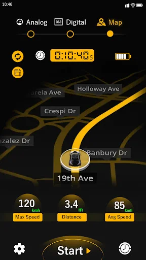 Map navigation view showing car position on streets with speed tracking data: max 120, distance 3.4, avg 85