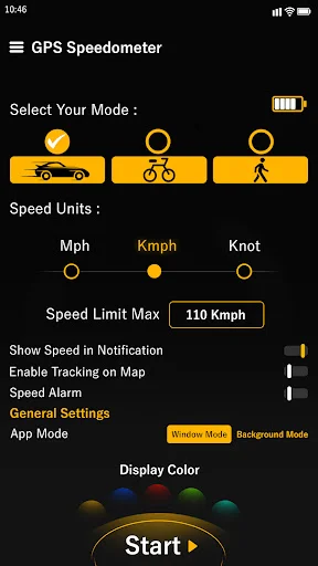 Settings screen with transportation mode selection, speed units (Mph/Kmph/Knot), and customization options
