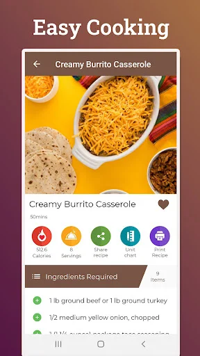 Creamy Burrito Casserole recipe detail page with ingredients list, cooking time, and nutrition information buttons