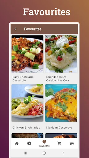 Favorites collection showing enchilada and Mexican casserole recipes in a grid layout with food photos