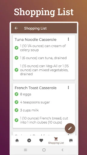 Shopping list feature with ingredients for tuna noodle and French toast casseroles with checkboxes