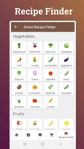 Smart recipe finder with vegetable and fruit ingredient icons including asparagus, tomato, and avocado