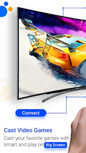 Screen mirroring app showing racing game cast to smart TV with connect button for big screen gaming