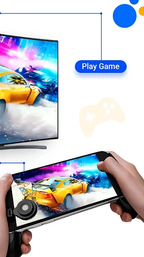Phone to TV screen mirroring for mobile gaming with play game button on smart television display