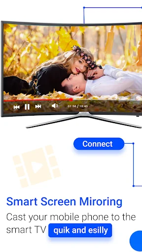 Smart screen mirroring interface with video playback controls and connect button for TV casting