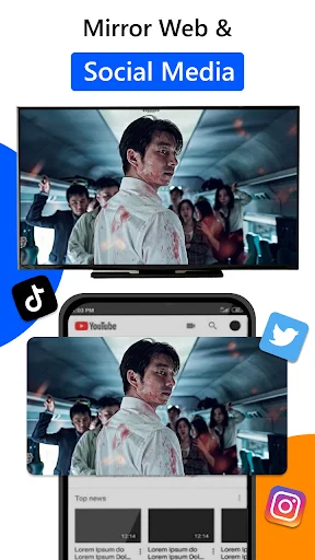 Mirror Web & Social Media: YouTube video mirrored on TV and phone with TikTok and Instagram social media app integration