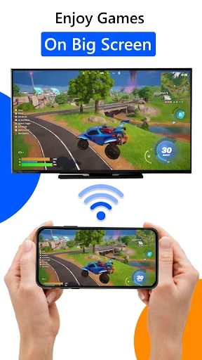 Enjoy Games on Big Screen: Racing game mirrored from mobile phone to TV via wireless WiFi connection for larger gameplay