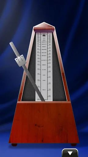 Classic Metronome app showing realistic wooden metronome with swinging pendulum on blue background