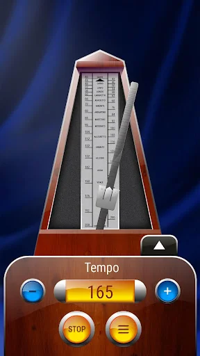 Classic Metronome at 165 BPM with tempo controls, plus minus buttons, stop button and menu for music timing