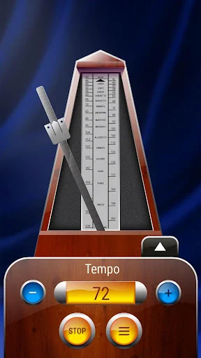 Classic Metronome running at 72 BPM tempo with control panel, stop and menu buttons for musicians
