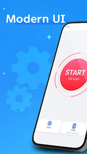 Modern UI phone cleaner app with START button for full storage scan and Tools menu on blue background
