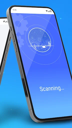 Phone storage cleanup app scanning screen with circular progress indicator and Scanning status message