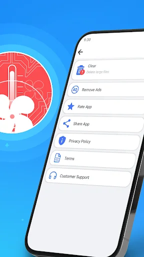 Cleanup app settings menu showing Clear, Remove Ads, Rate App, Share, Privacy Policy, and Support options