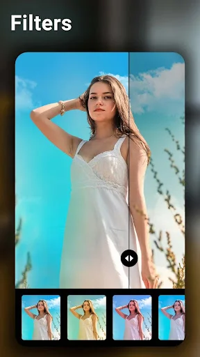 Photo filter application screen with portrait editing and multiple filter preview options available