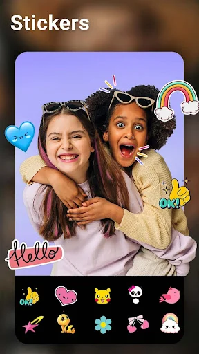 Photo sticker editor with playful decorative stickers including hearts, animals, and rainbow graphics