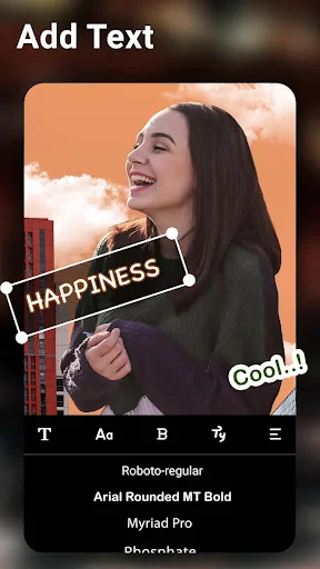 Text overlay editor with customizable fonts including HAPPINESS and Cool text examples on photo