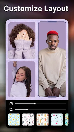 Customize Layout screen in photo collage app with border controls and decorative pattern backgrounds