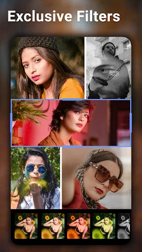 Exclusive Filters feature showing photo collage with various color filter effects and preview thumbnails