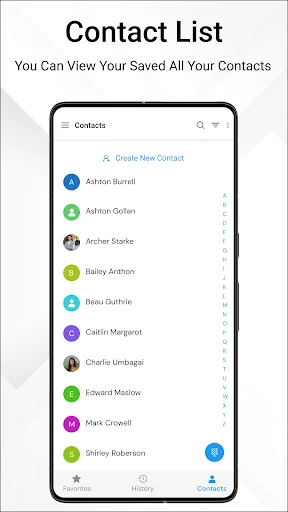 Contact list with saved contacts, colorful avatars, create contact button, search, and favorites access option