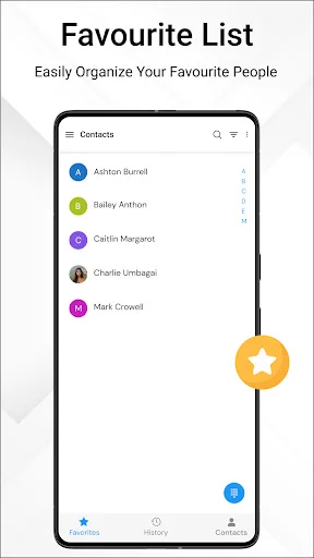 Favorites list displaying saved favorite contacts with gold star icon and option to mark contacts as favorites